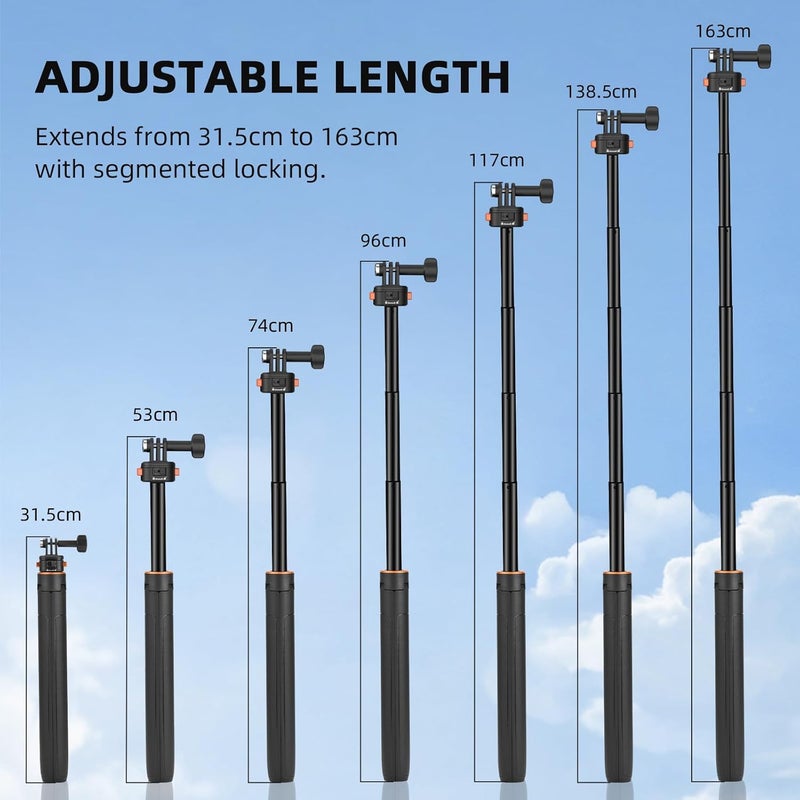 BRDRC 64in Pocket 3 Selfie Stick Tripod for GoPro Camera, Extendable Stand with Quick Release 1/4'' Screw Vlog for DJI Osmo Pocket 3 Action 5 Pro 4 3 for Insta360 X4 X3 X2 for AKASO DSLR Accessories - Image 4